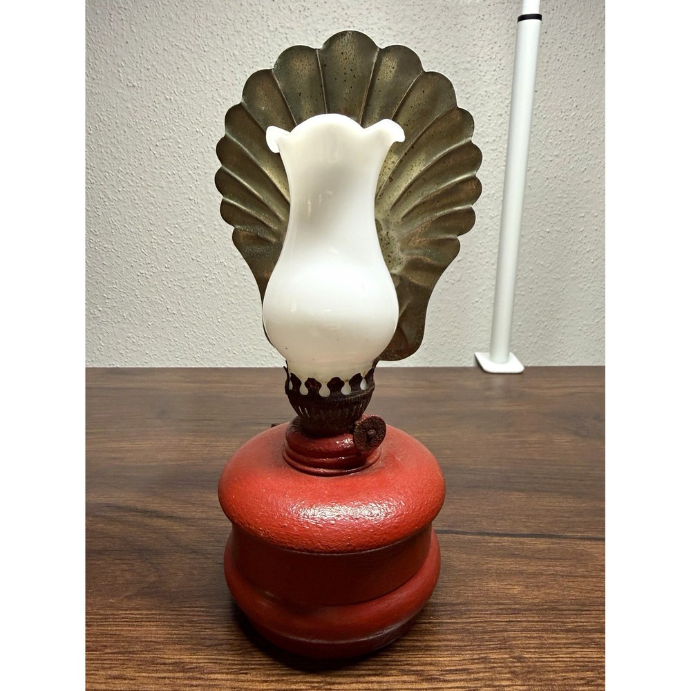 Vintage Wall Mounted Oil Lamp Sconce Wood Red Base White Glass Shade Brass Metal
